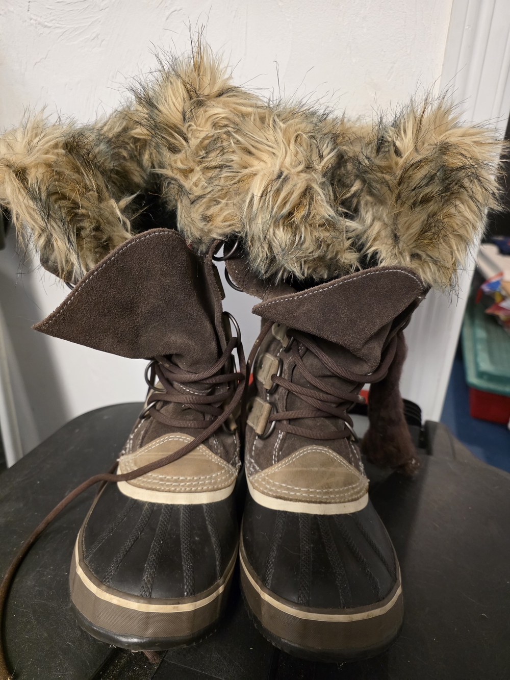 Joan Of Artic Sorel Fur-Trimmed Black and Tan Winter Boot
